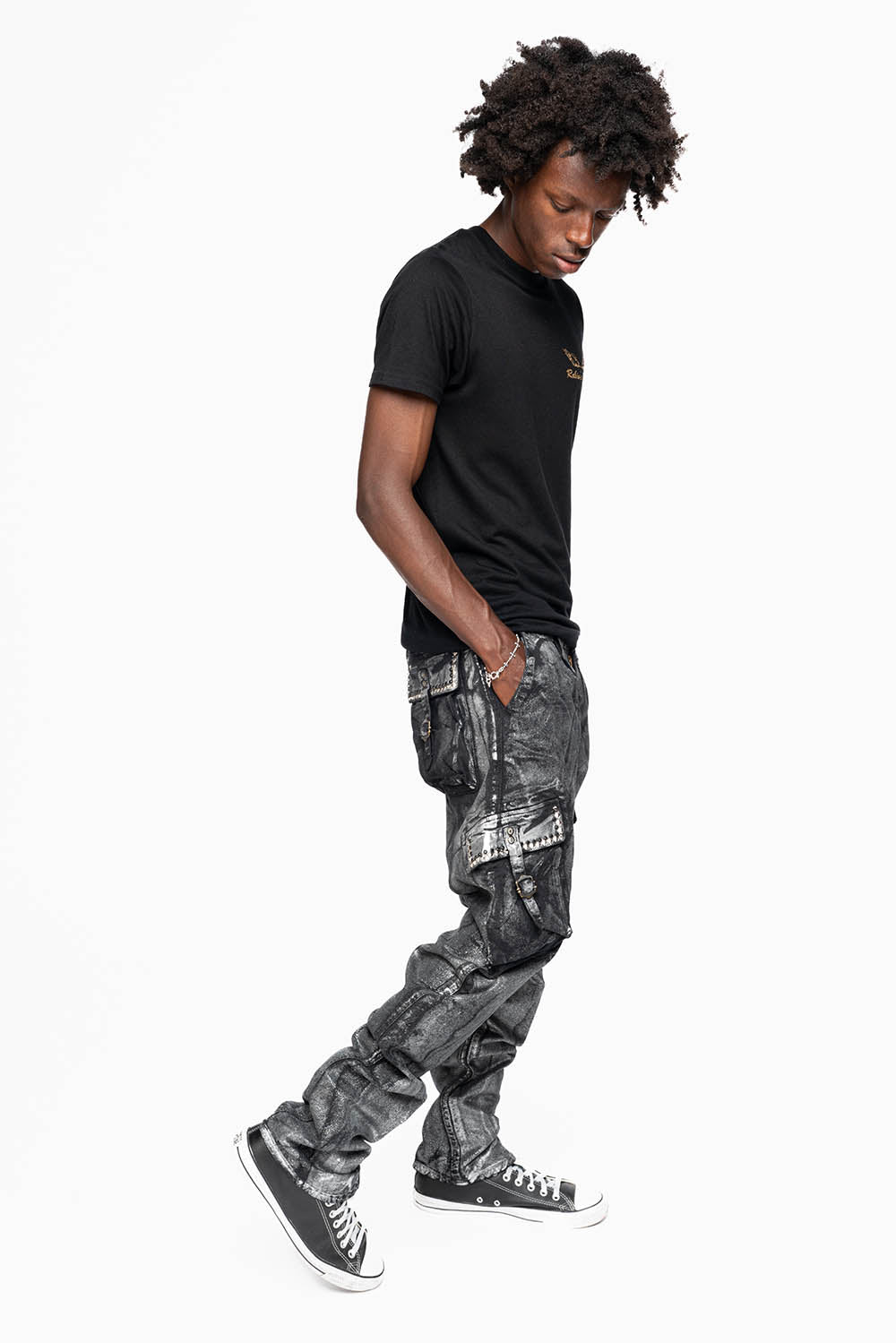 MENS PREDATOR CARGO PANTS IN DECAL SILVER EMBELLISHED WITH CRYSTALS AND STUDS