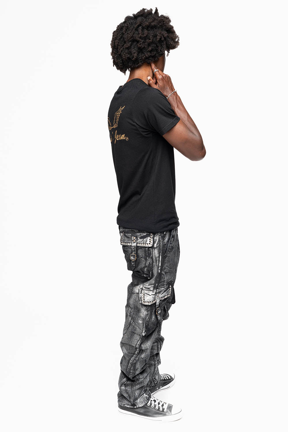 MENS PREDATOR CARGO PANTS IN DECAL SILVER EMBELLISHED WITH CRYSTALS AND STUDS