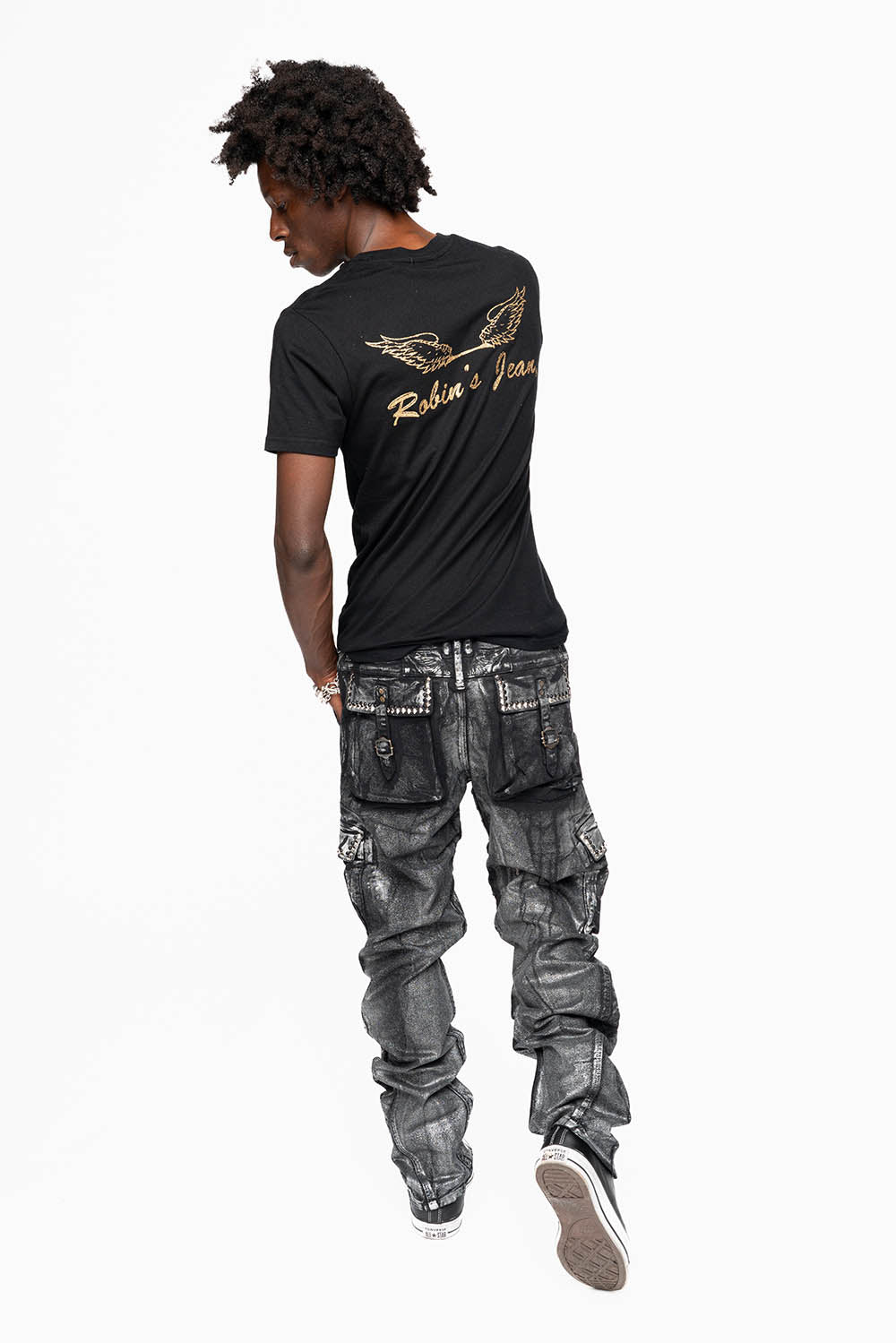 MENS PREDATOR CARGO PANTS IN DECAL SILVER EMBELLISHED WITH CRYSTALS AND STUDS
