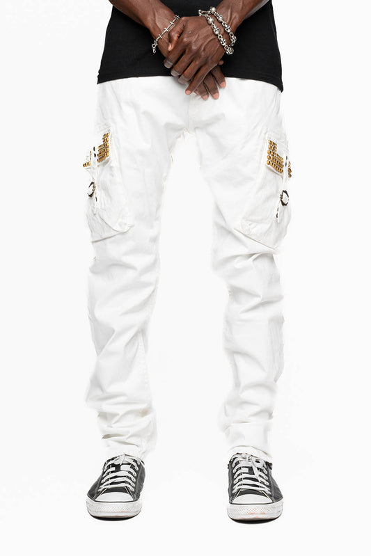MENS PREDATOR CARGO PANTS IN WHITE EMBELLISHED WITH CRYSTALS AND STUDS