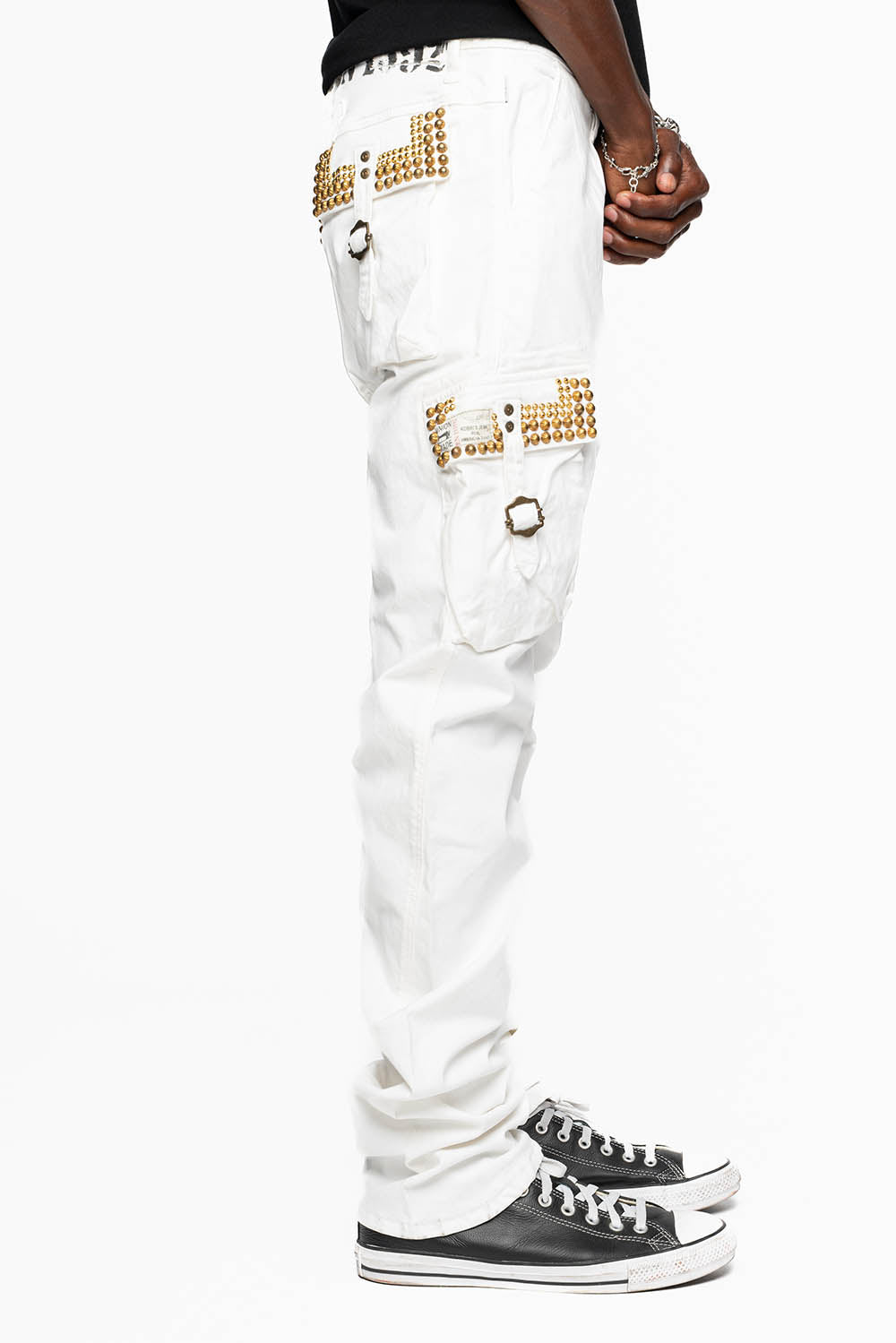 MENS PREDATOR CARGO PANTS IN WHITE EMBELLISHED WITH CRYSTALS AND STUDS