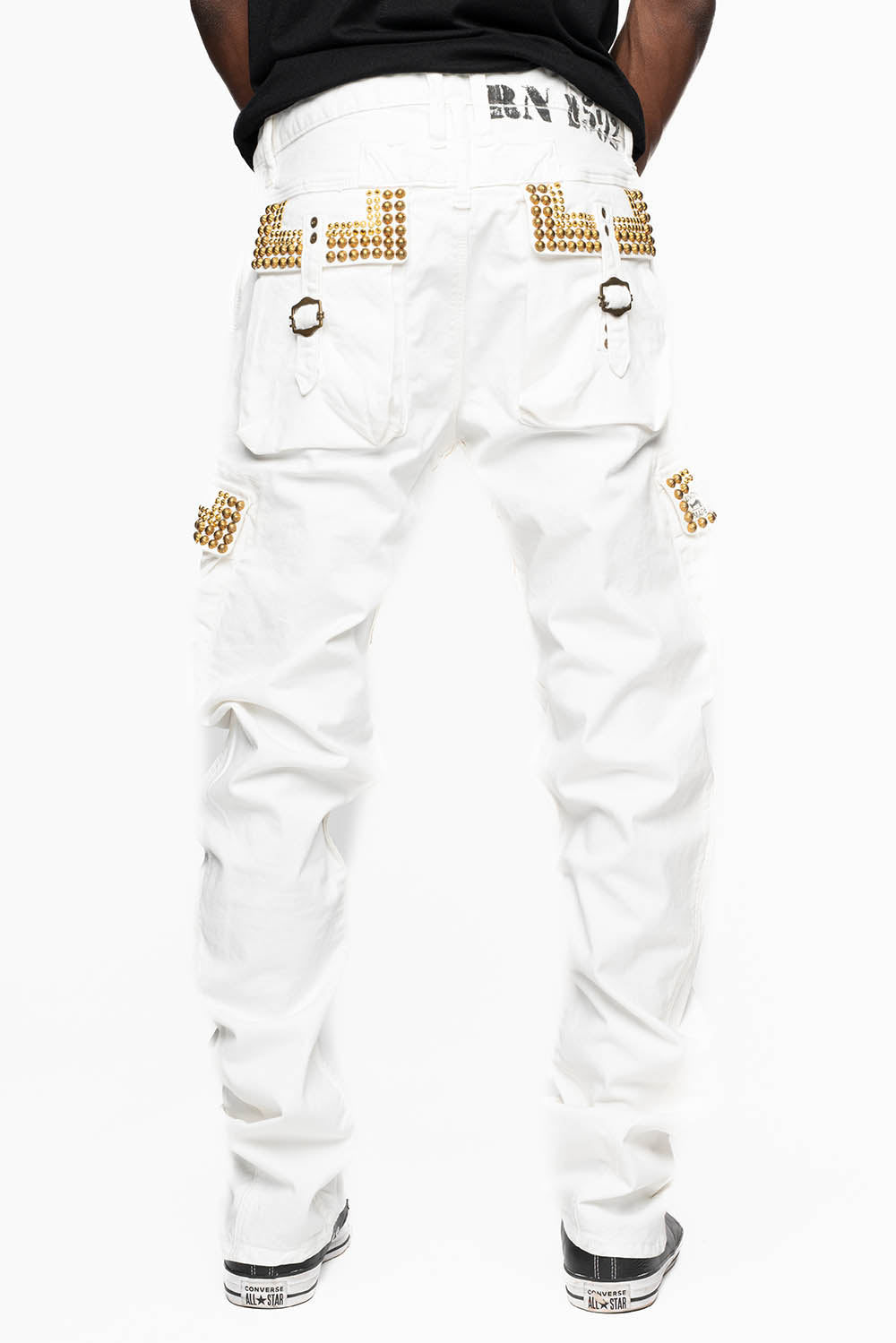 MENS PREDATOR CARGO PANTS IN WHITE EMBELLISHED WITH CRYSTALS AND STUDS