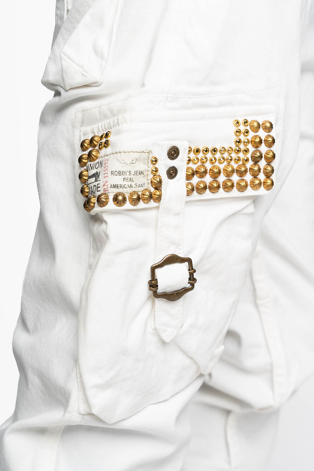 MENS PREDATOR CARGO PANTS IN WHITE EMBELLISHED WITH CRYSTALS AND STUDS