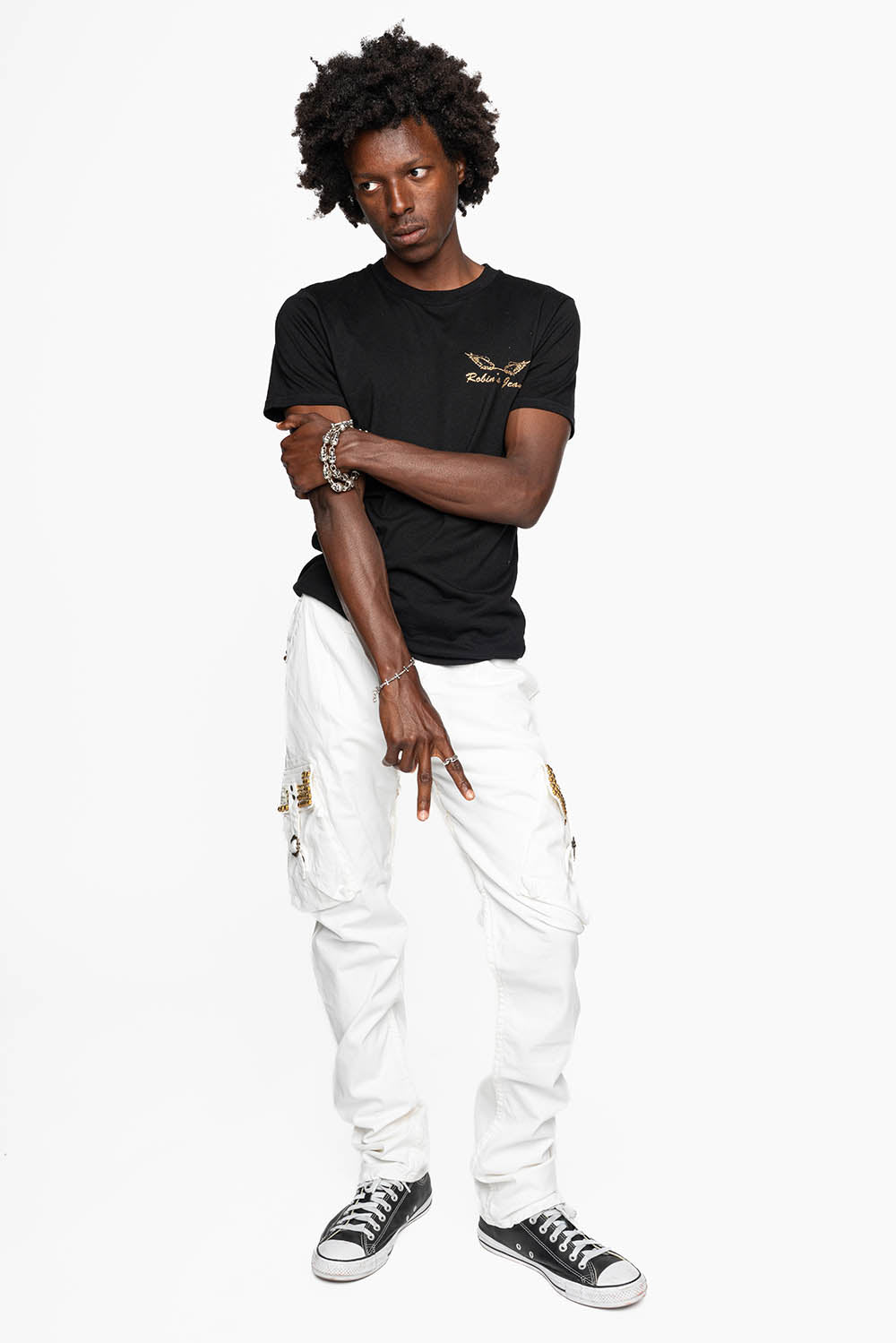 MENS PREDATOR CARGO PANTS IN WHITE EMBELLISHED WITH CRYSTALS AND STUDS