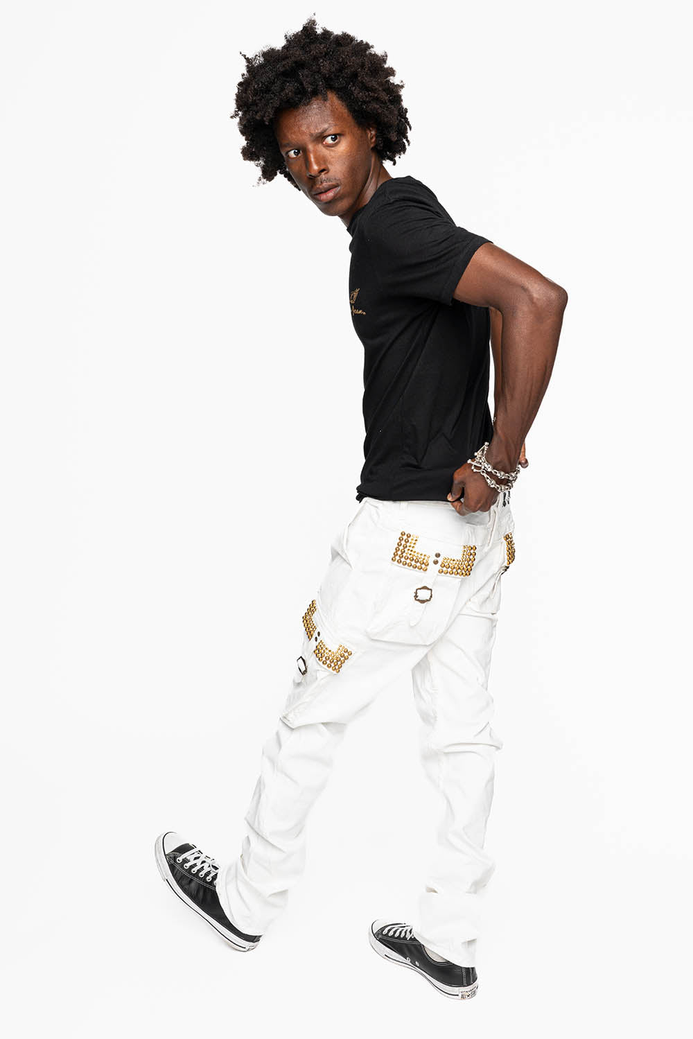 MENS PREDATOR CARGO PANTS IN WHITE EMBELLISHED WITH CRYSTALS AND STUDS