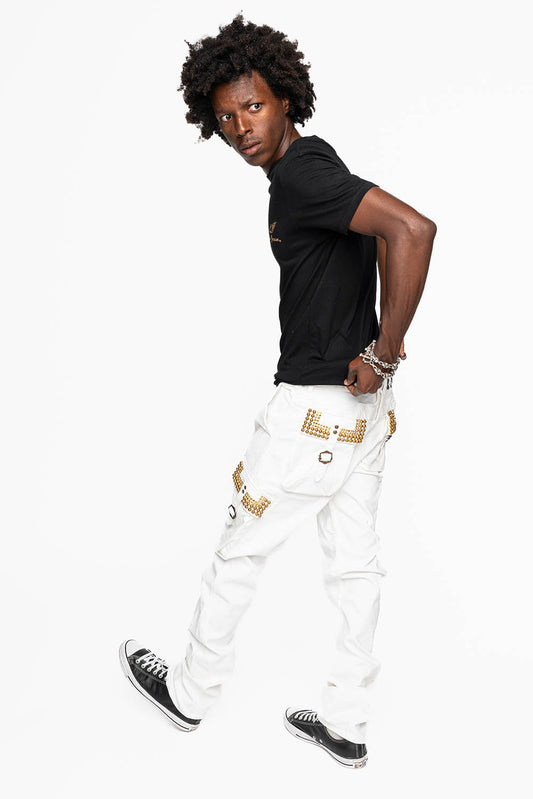 MENS PREDATOR CARGO PANTS IN WHITE EMBELLISHED WITH CRYSTALS AND STUDS