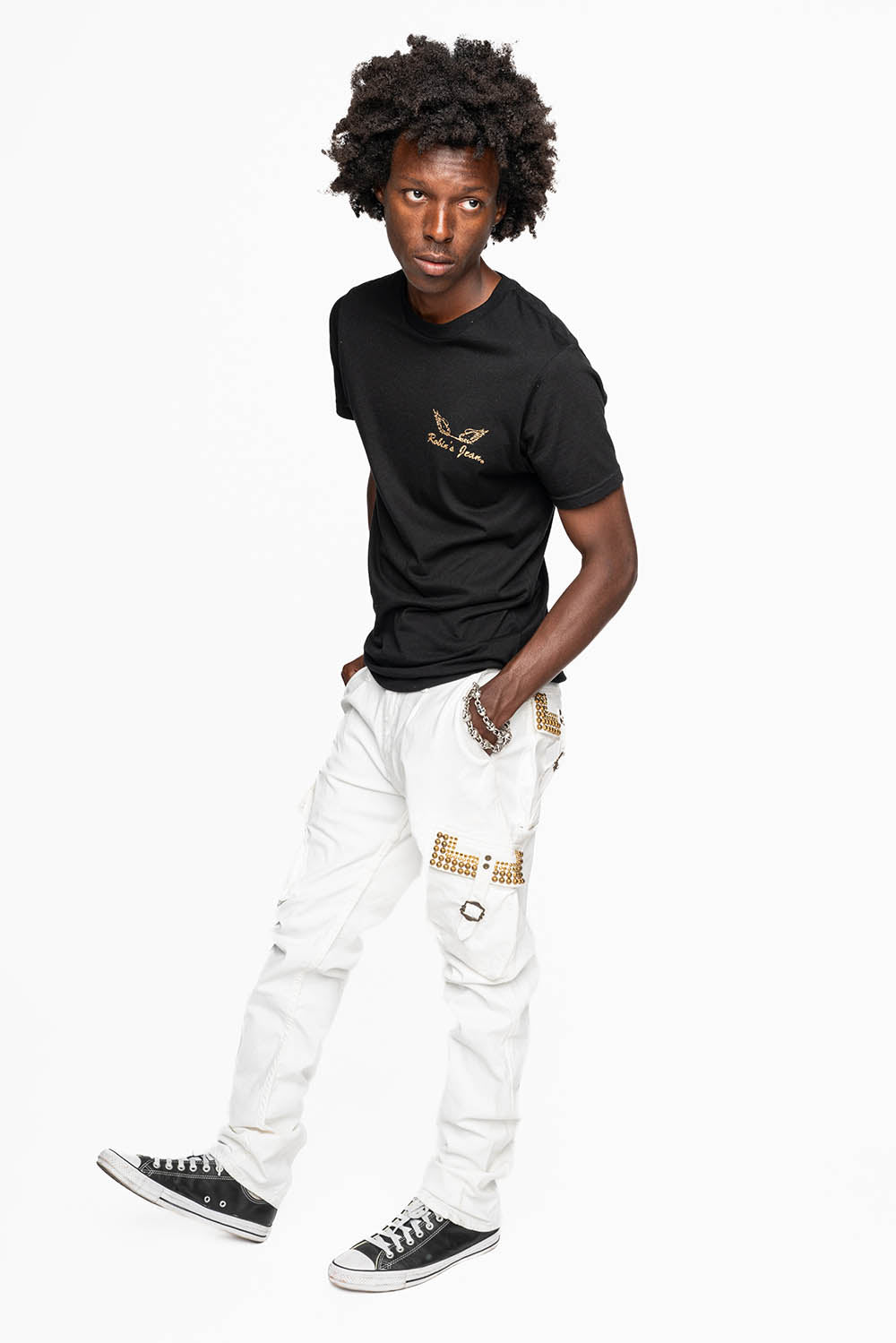 MENS PREDATOR CARGO PANTS IN WHITE EMBELLISHED WITH CRYSTALS AND STUDS