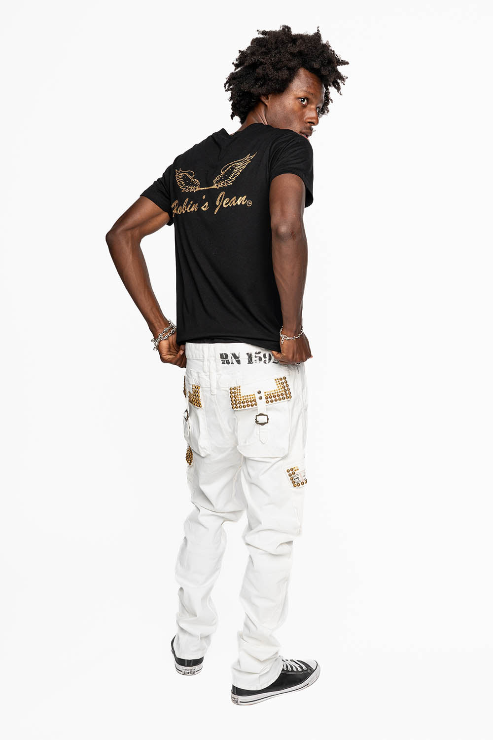 MENS PREDATOR CARGO PANTS IN WHITE EMBELLISHED WITH CRYSTALS AND STUDS
