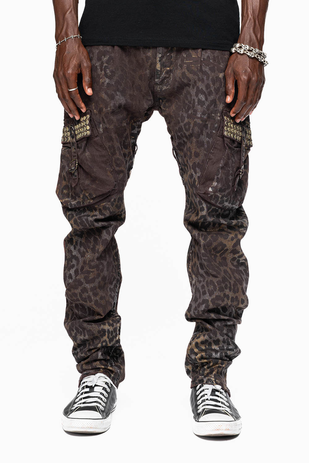 MENS PREDATOR CARGO PANTS IN MANDELA BROWN EMBELLISHED WITH CRYSTALS AND STUDS