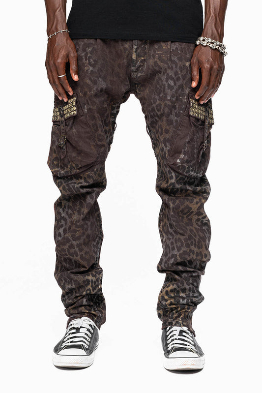 MENS PREDATOR CARGO PANTS IN MANDELA BROWN EMBELLISHED WITH CRYSTALS AND STUDS