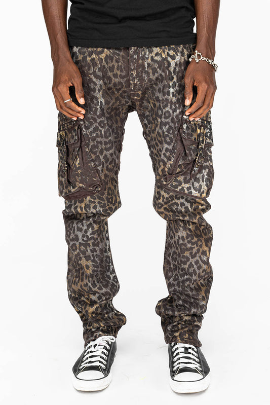 MENS MILITARY STYLE CARGO PANTS IN LEOPARD MANDELA BROWN