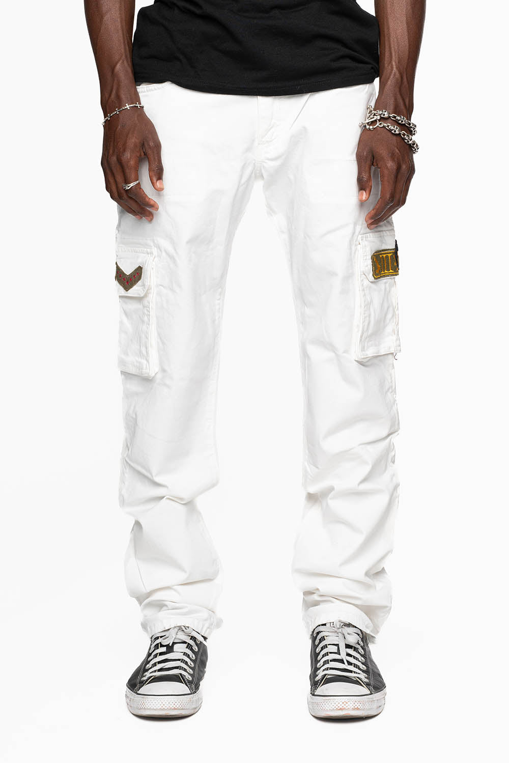 MENS MILITARY JEAN IN PURE WHITE WASH WITH PATCHES