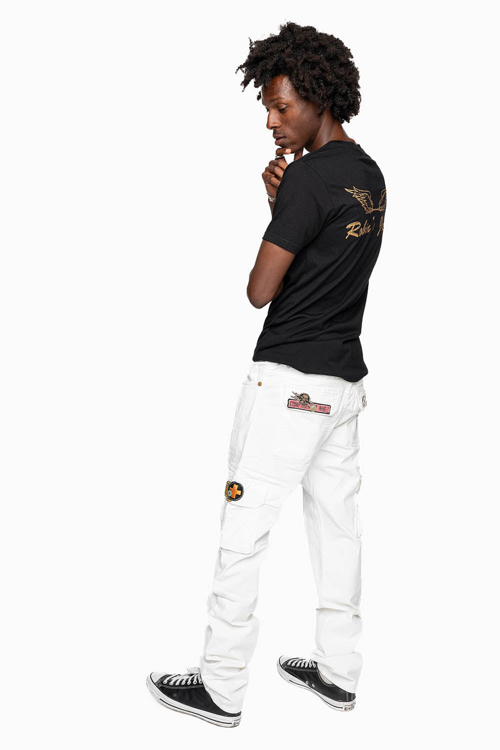 MENS MILITARY JEAN IN PURE WHITE WASH WITH PATCHES