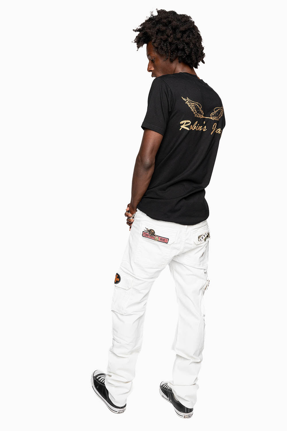 MENS MILITARY JEAN IN PURE WHITE WASH WITH PATCHES
