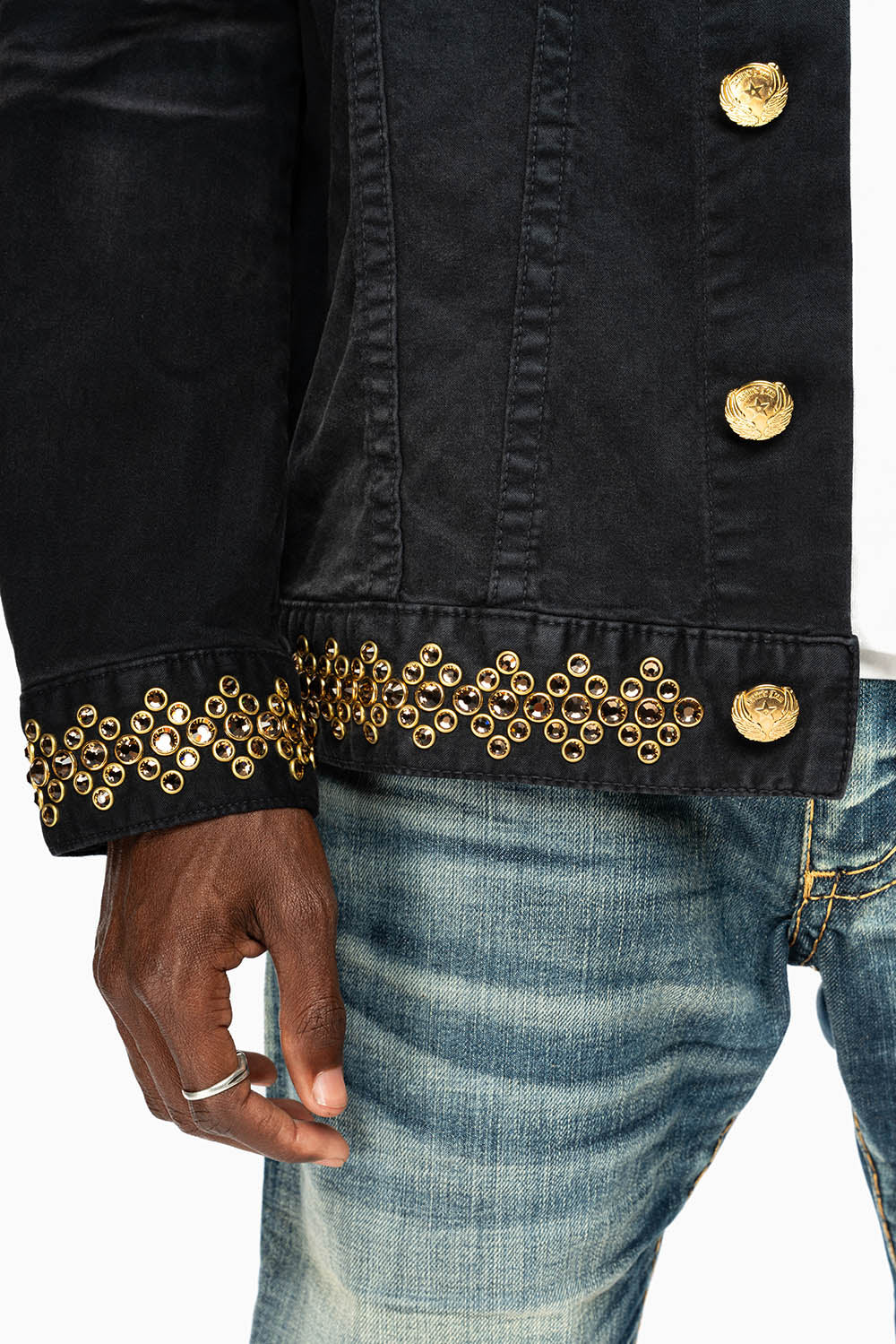 JEAN JKT IN PIGMENT SPRAY BLACK  WASH EMBELLISHED WITH LARGE SMOKY TOPAZ CRYSTALS DESCRIPTION