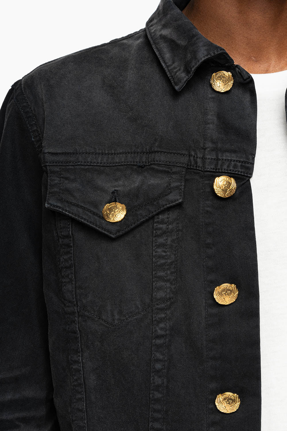 JEAN JKT IN PIGMENT SPRAY BLACK  WASH EMBELLISHED WITH LARGE SMOKY TOPAZ CRYSTALS DESCRIPTION