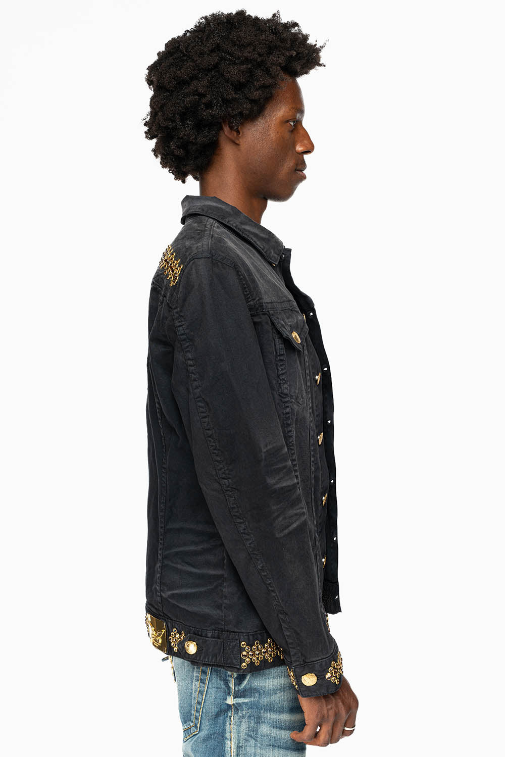 JEAN JKT IN PIGMENT SPRAY BLACK  WASH EMBELLISHED WITH LARGE SMOKY TOPAZ CRYSTALS DESCRIPTION