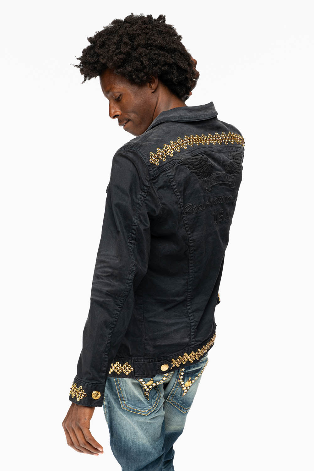 JEAN JKT IN PIGMENT SPRAY BLACK  WASH EMBELLISHED WITH LARGE SMOKY TOPAZ CRYSTALS DESCRIPTION