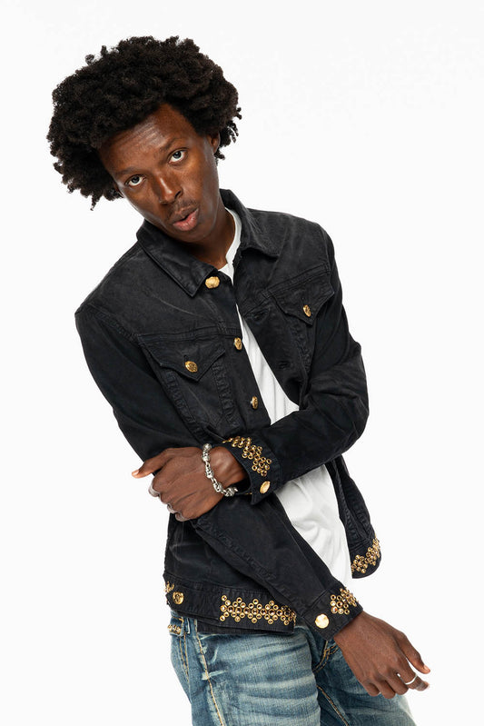 JEAN JKT IN PIGMENT SPRAY BLACK  WASH EMBELLISHED WITH LARGE SMOKY TOPAZ CRYSTALS DESCRIPTION