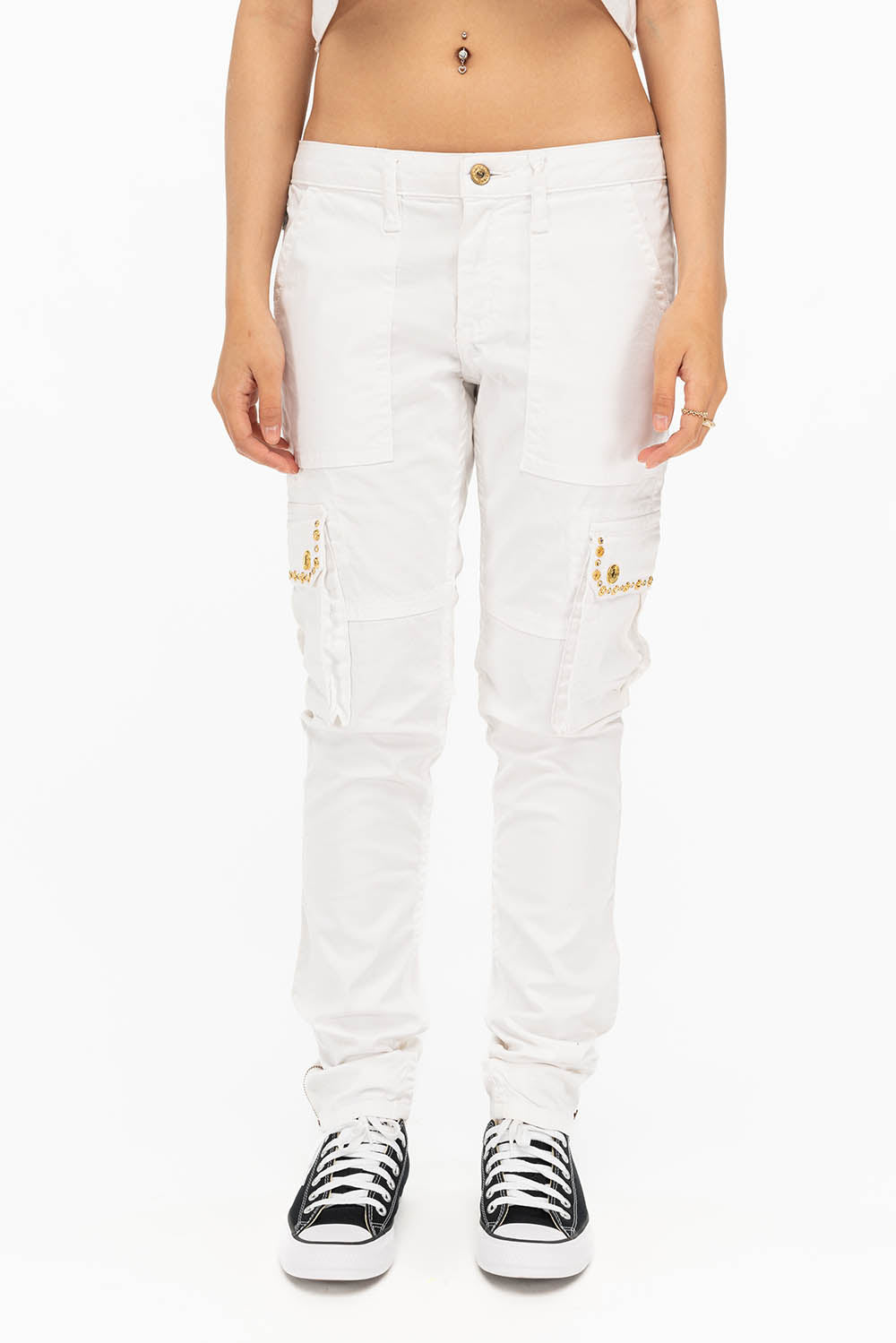 NEW MILITARY STYLE WOMENS SKINNY EMBELLISHED CARGO PANTS IN WHITE