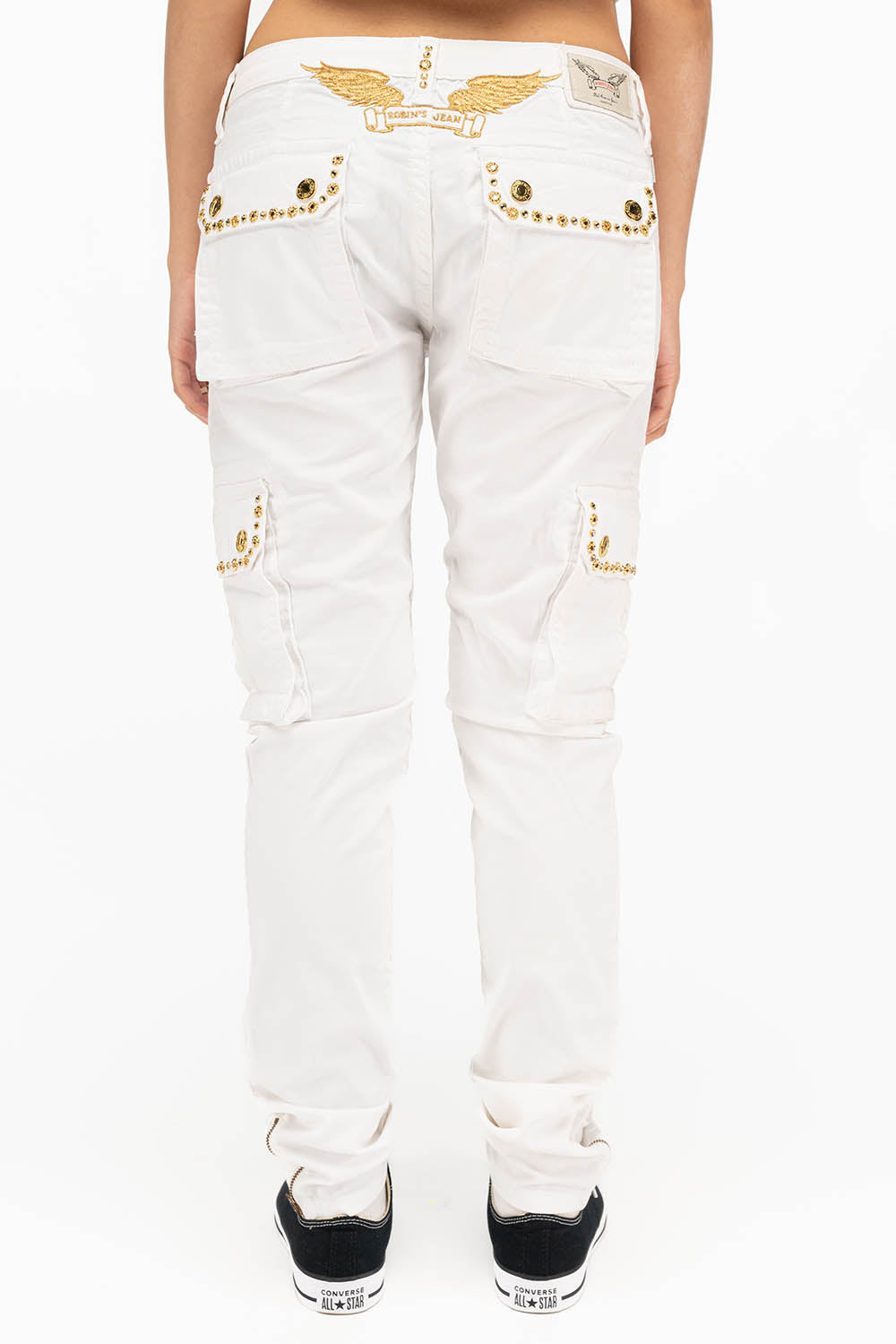 NEW MILITARY STYLE WOMENS SKINNY EMBELLISHED CARGO PANTS IN WHITE