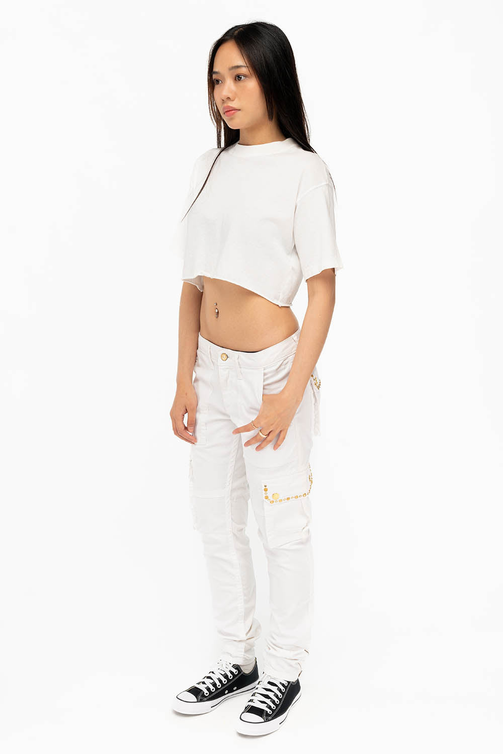 NEW MILITARY STYLE WOMENS SKINNY EMBELLISHED CARGO PANTS IN WHITE