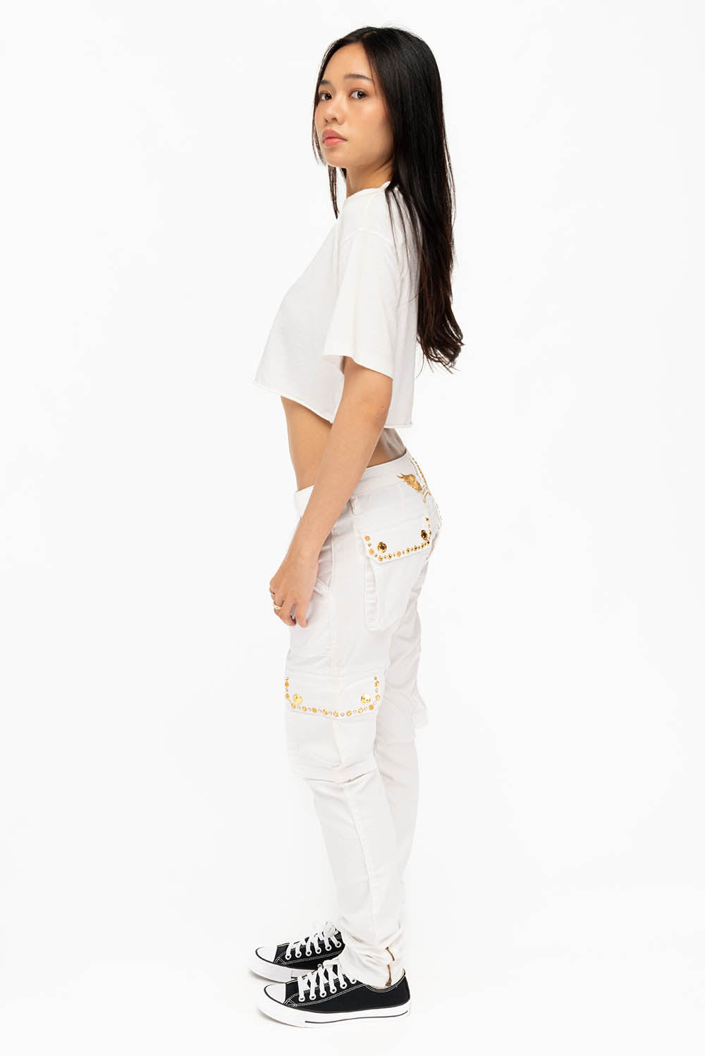 NEW MILITARY STYLE WOMENS SKINNY EMBELLISHED CARGO PANTS IN WHITE