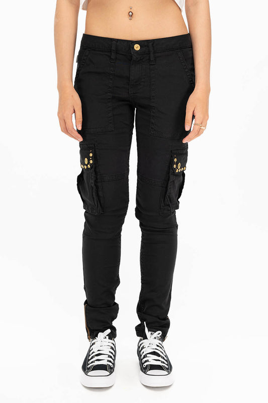 NEW MILITARY STYLE WOMENS SKINNY EMBELLISHED CARGO PANTS IN BLACK