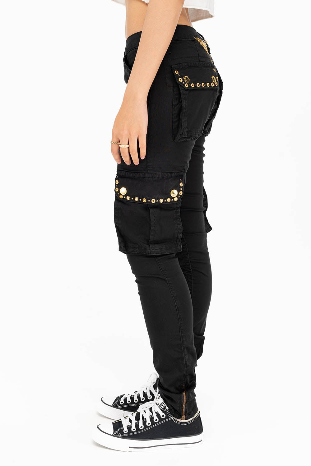 NEW MILITARY STYLE WOMENS SKINNY EMBELLISHED CARGO PANTS IN BLACK