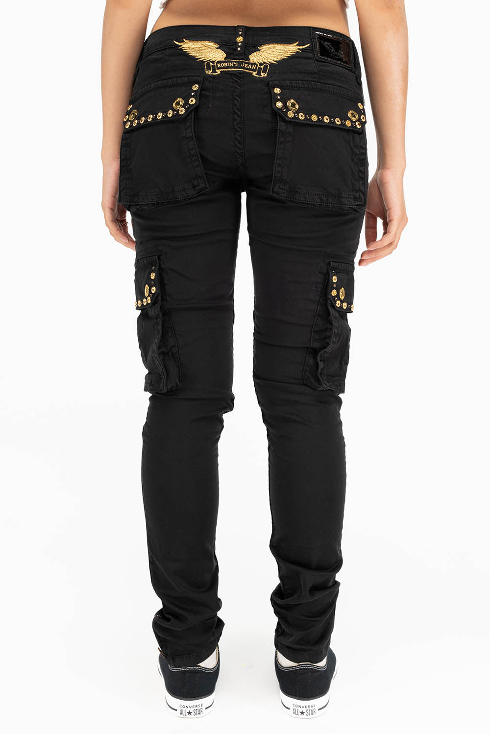 NEW MILITARY STYLE WOMENS SKINNY EMBELLISHED CARGO PANTS IN BLACK