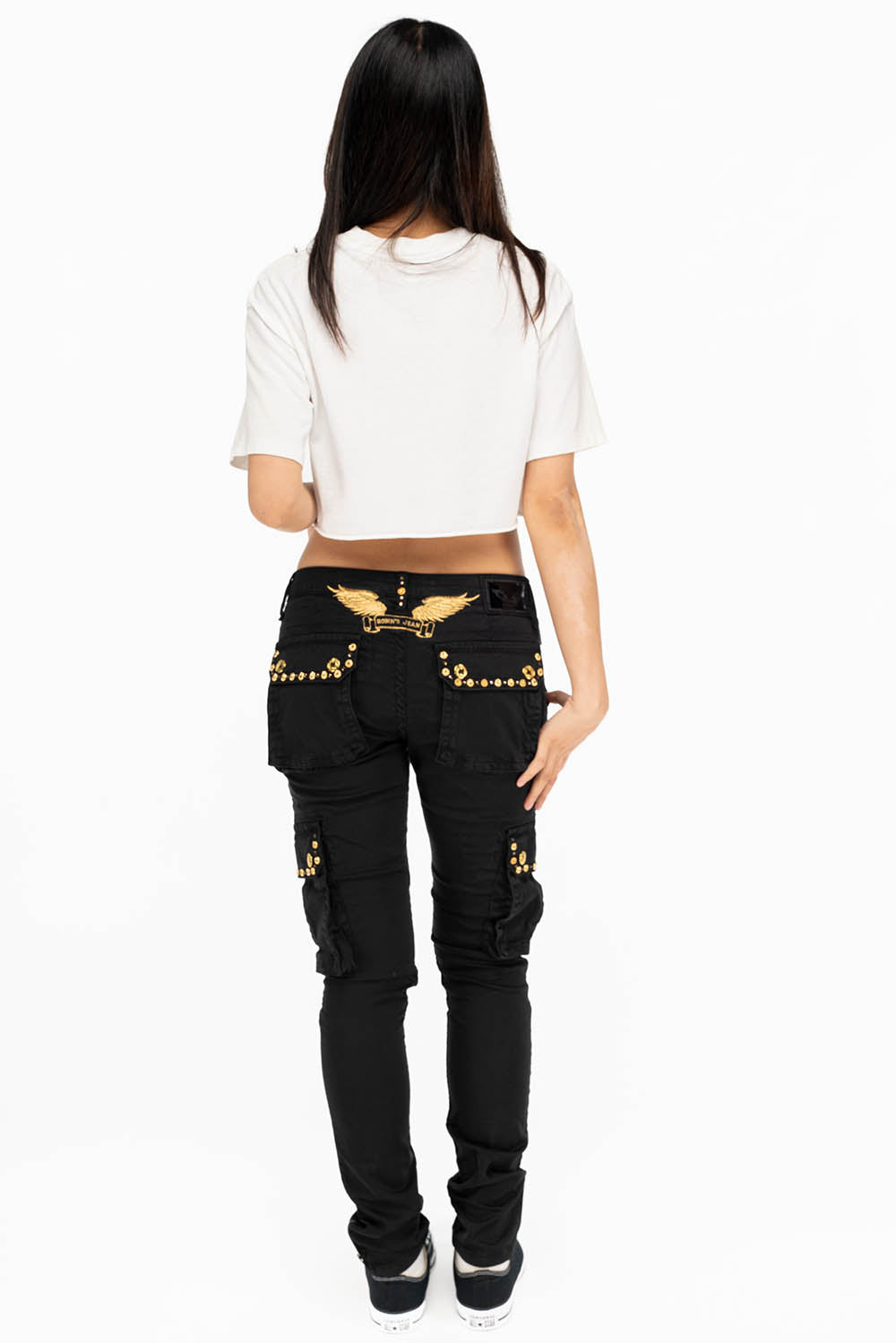 NEW MILITARY STYLE WOMENS SKINNY EMBELLISHED CARGO PANTS IN BLACK