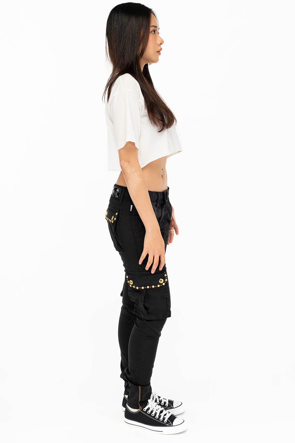 NEW MILITARY STYLE WOMENS SKINNY EMBELLISHED CARGO PANTS IN BLACK