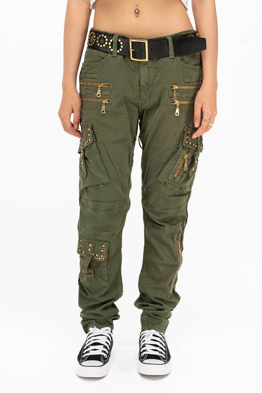 RAPTOR MILITARY STYLE WOMENS CARGO PANTS IN GREEN ARMY WITH STUDS AND CRYSTALS