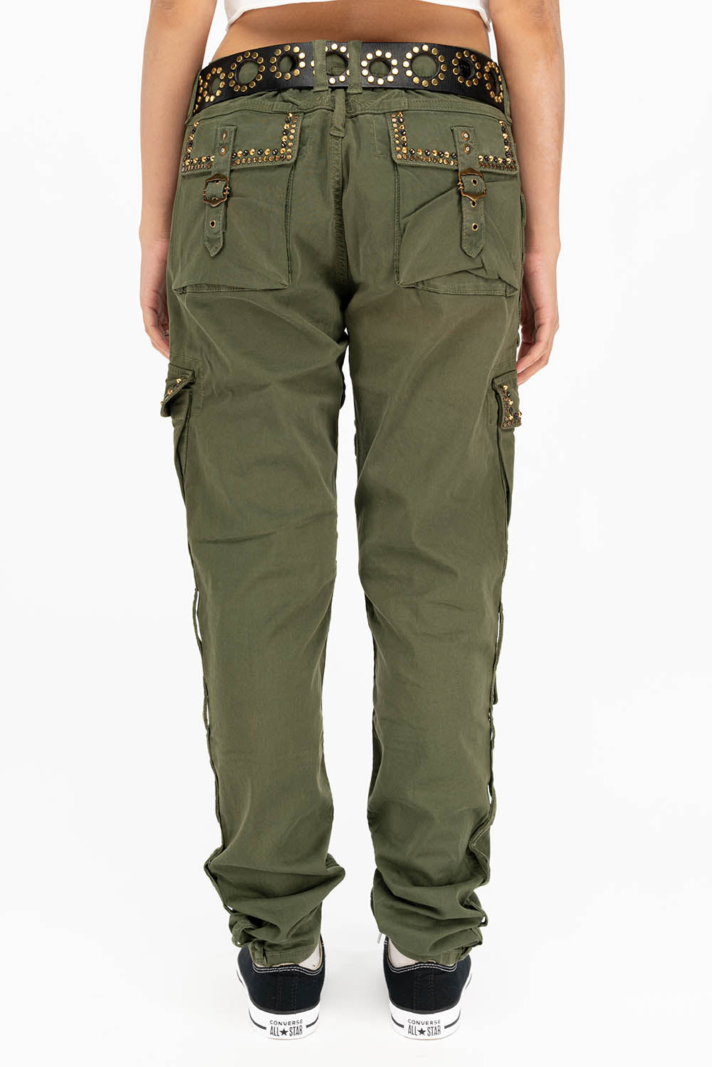 RAPTOR MILITARY STYLE WOMENS CARGO PANTS IN GREEN ARMY WITH STUDS AND CRYSTALS