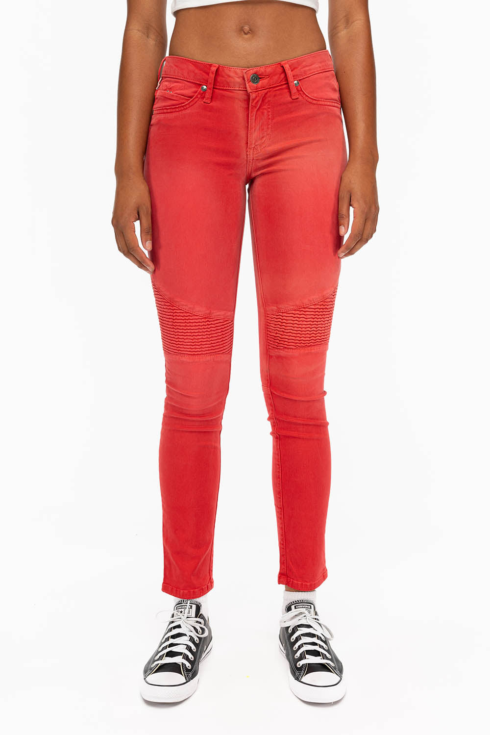 ROBIN'S WOMENS SKINNY BIKER JEANS MOTO IN SULFUR RED