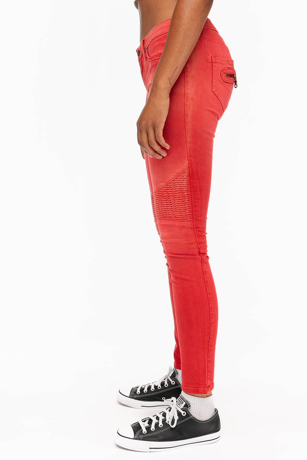 ROBIN'S WOMENS SKINNY BIKER JEANS MOTO IN SULFUR RED