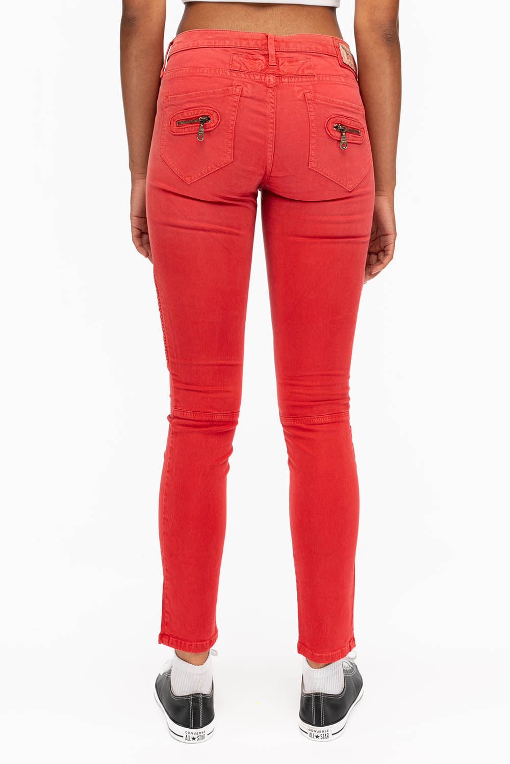 ROBIN'S WOMENS SKINNY BIKER JEANS MOTO IN SULFUR RED