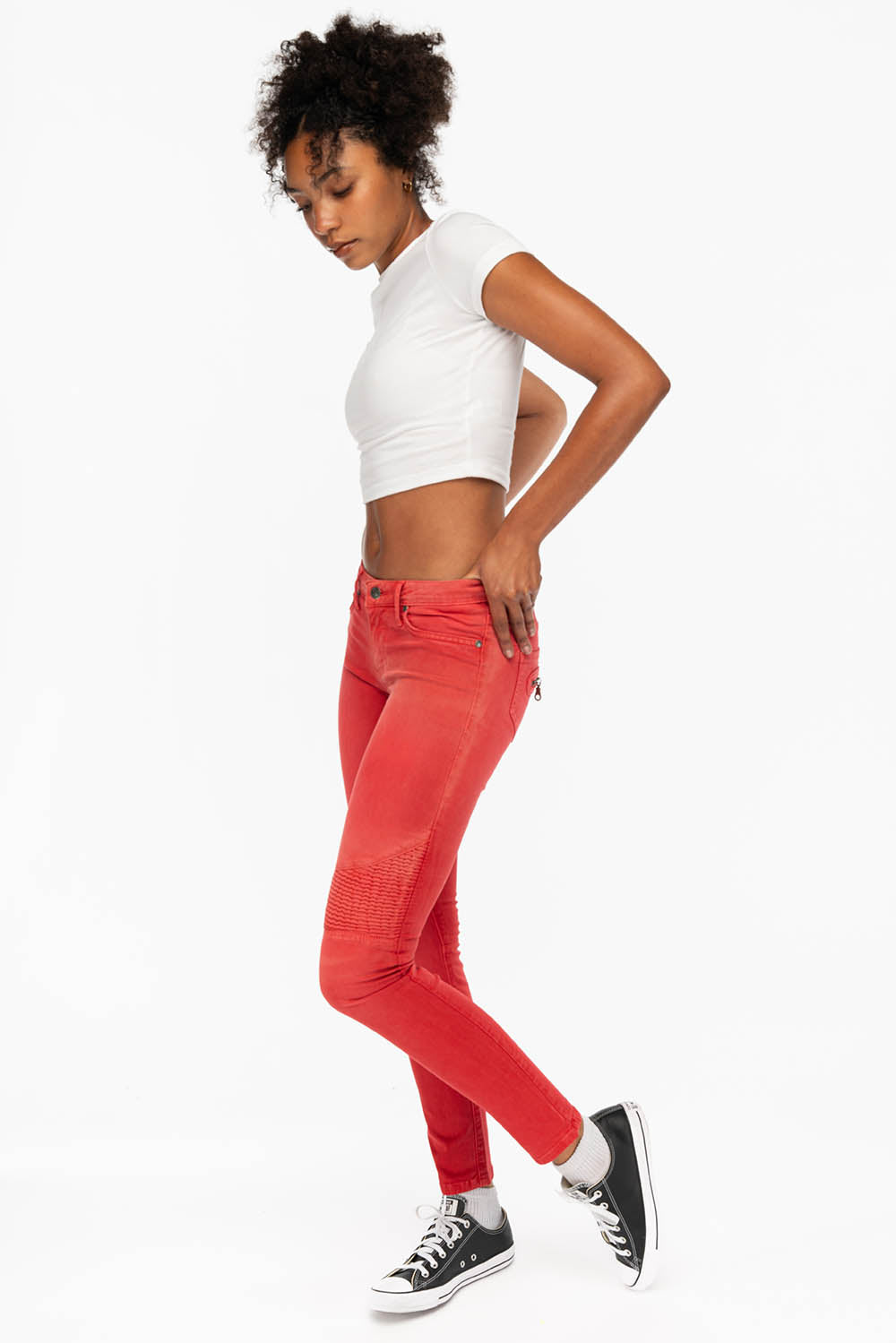 ROBIN'S WOMENS SKINNY BIKER JEANS MOTO IN SULFUR RED