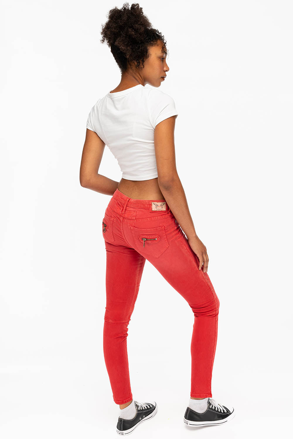 ROBIN'S WOMENS SKINNY BIKER JEANS MOTO IN SULFUR RED