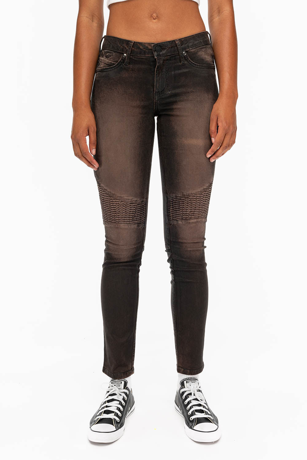 ROBIN'S WOMENS SKINNY BIKER JEANS MOTO IN TOFFE IRENE BLACK