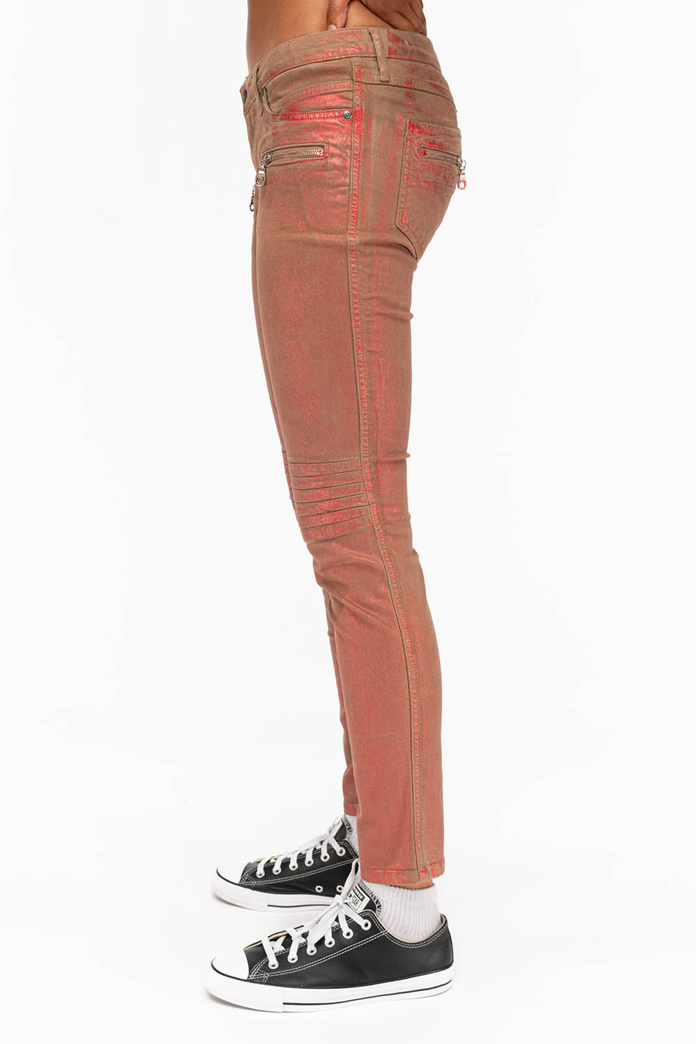 ROBIN'S BIKER WOMENS JEANS IN KHAKI RED FOIL