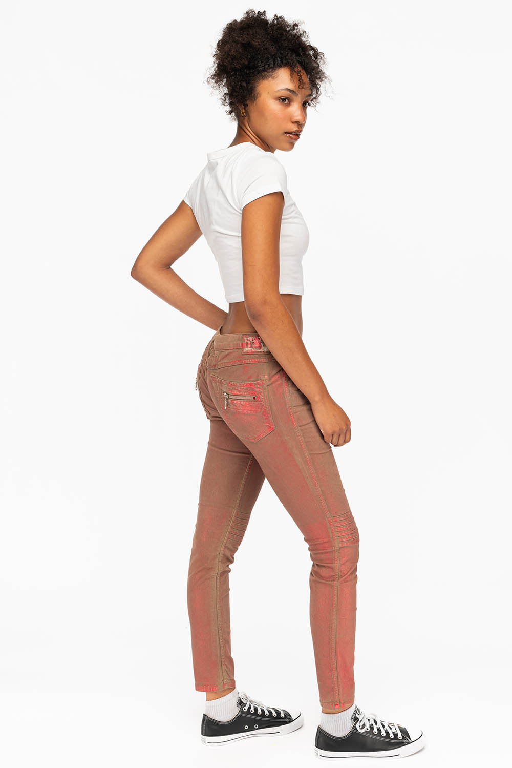 ROBIN'S BIKER WOMENS JEANS IN KHAKI RED FOIL