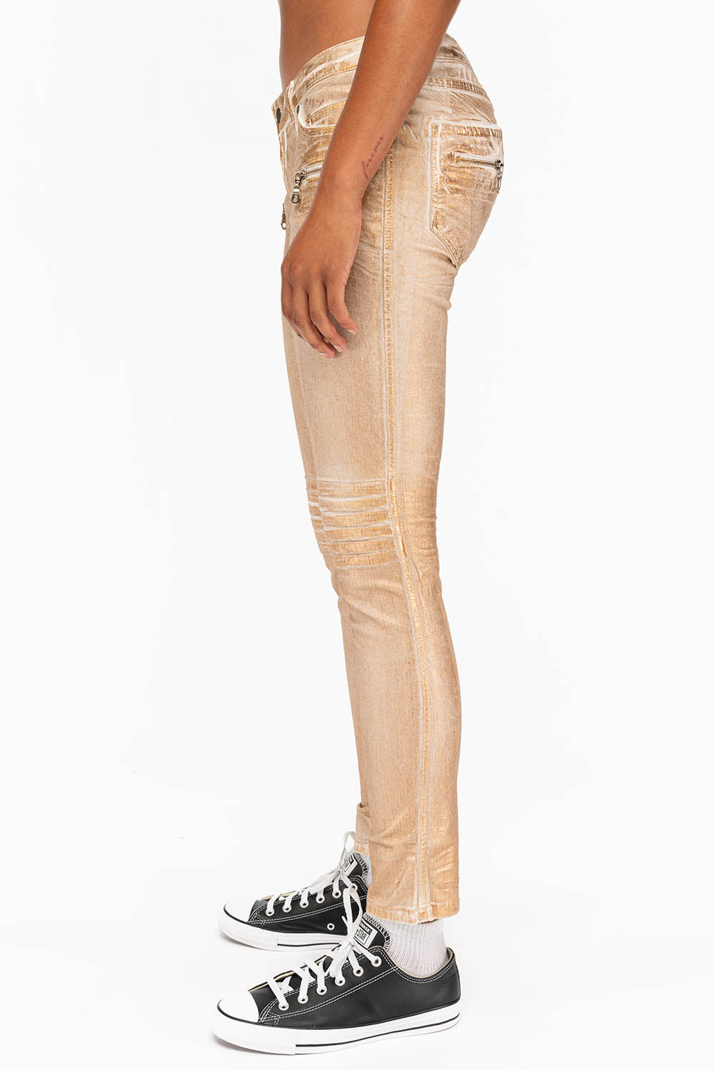 ROBIN'S BIKER WOMENS JEANS IN WHITE GOLD STRIPE FOIL