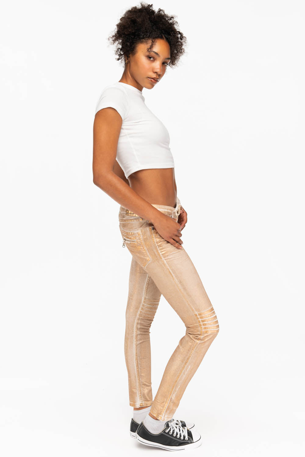 ROBIN'S BIKER WOMENS JEANS IN WHITE GOLD STRIPE FOIL