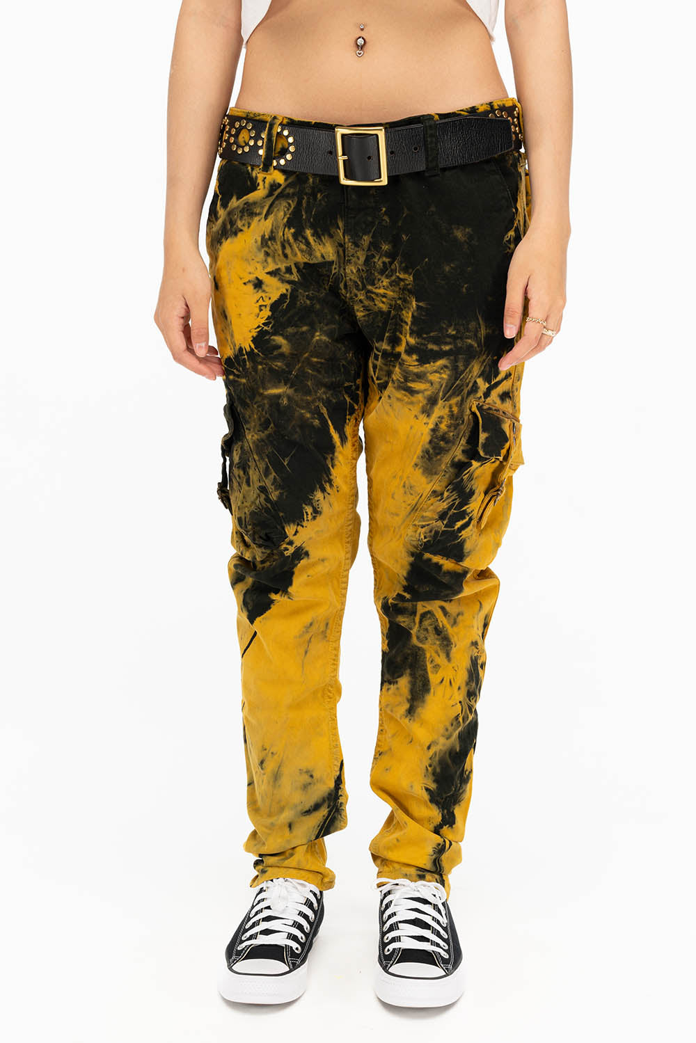 MILITARY STYLE WOMENS CARGO PANTS IN TIE DYE YELLOW