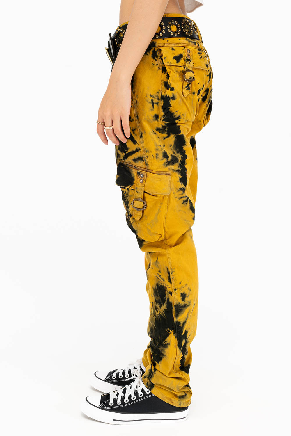 MILITARY STYLE WOMENS CARGO PANTS IN TIE DYE YELLOW