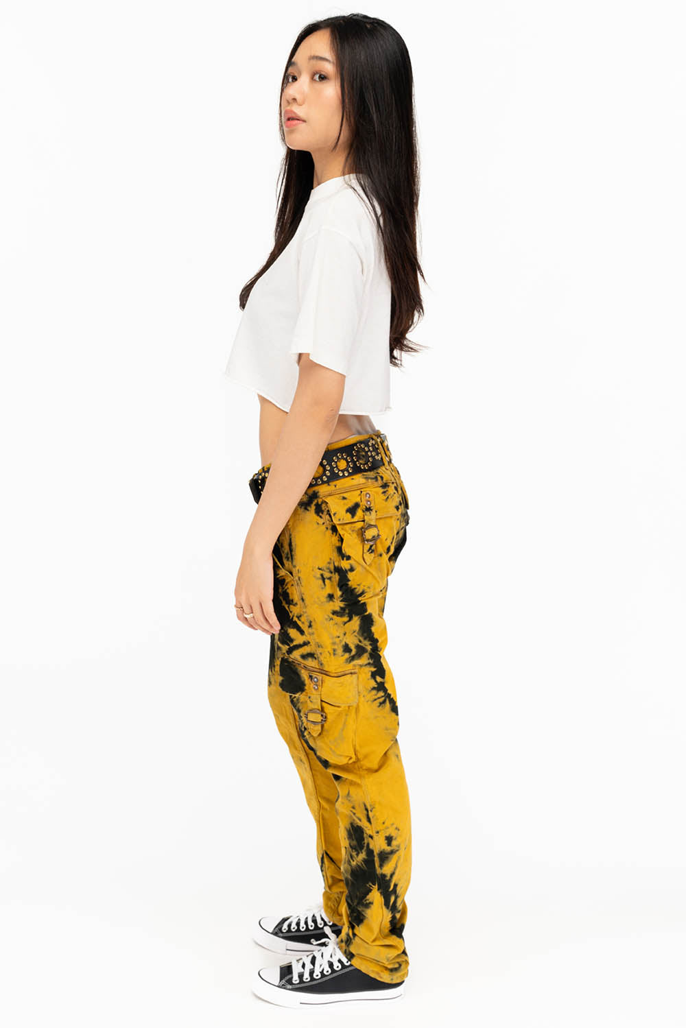 MILITARY STYLE WOMENS CARGO PANTS IN TIE DYE YELLOW