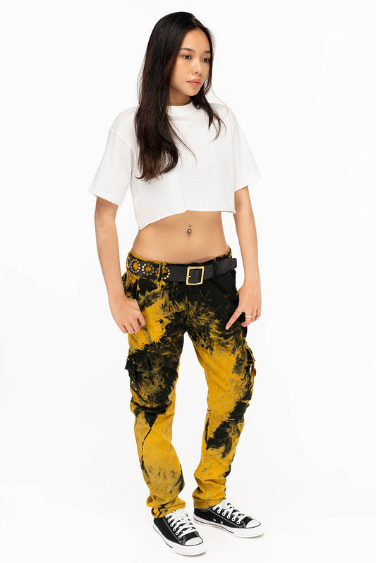 MILITARY STYLE WOMENS CARGO PANTS IN TIE DYE YELLOW