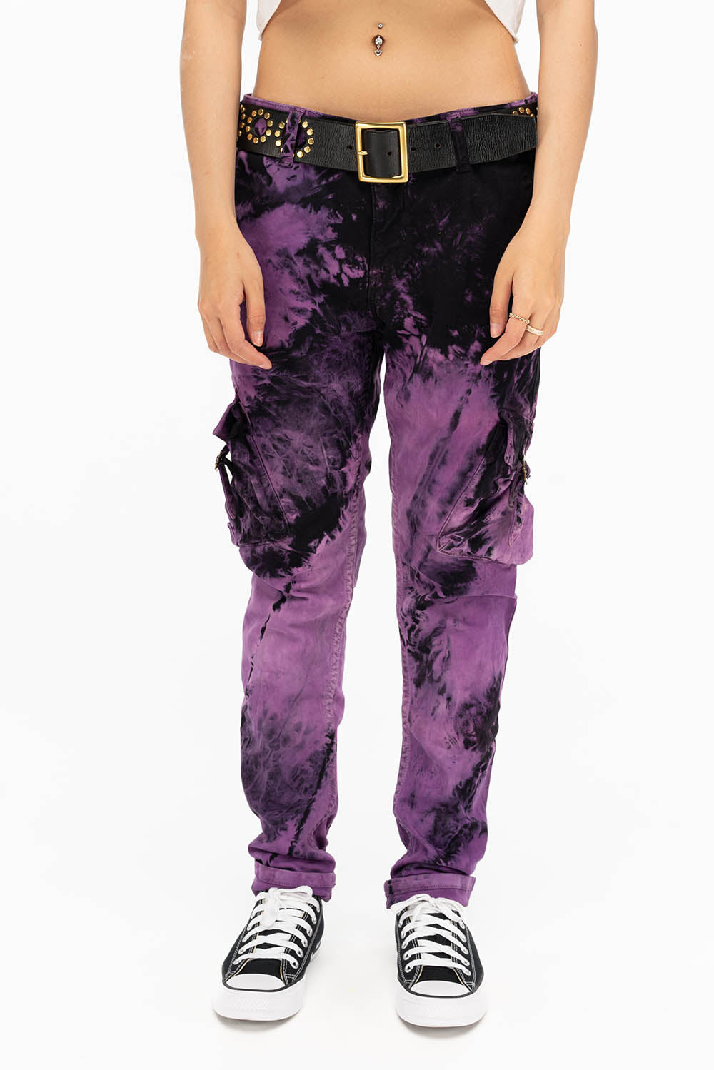 MILITARY STYLE WOMENS CARGO PANTS IN TIE DYE PURPLE