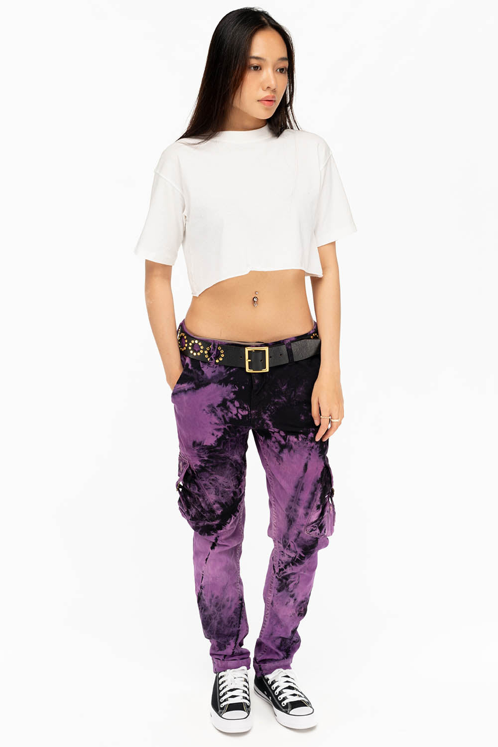 MILITARY STYLE WOMENS CARGO PANTS IN TIE DYE PURPLE